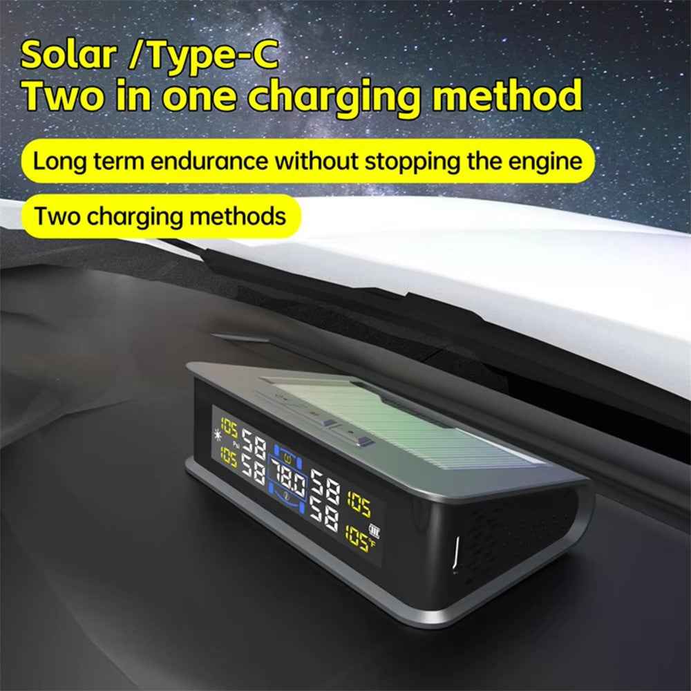 T15 Solar TPMS Car Tire Pressure Cabin Temperature Monitoring System with 4 External Sensors