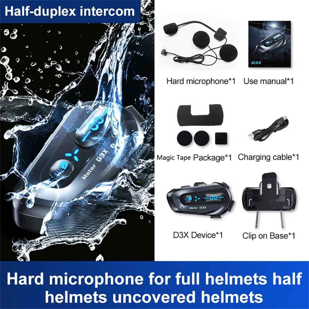 D3X For Motorcycle Helmet Bluetooth-compatible Headset 600m Half Duplex Intercom System - Hard Mic