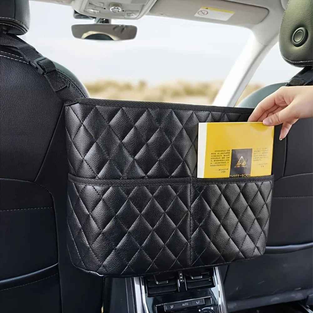 Dual Pocket Design Car Seat Storage Bag Embroidery PU Leather Hanging Organizer Between Back Seats