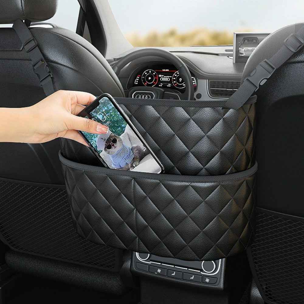 Dual Pocket Design Car Seat Storage Bag Embroidery PU Leather Hanging Organizer Between Back Seats