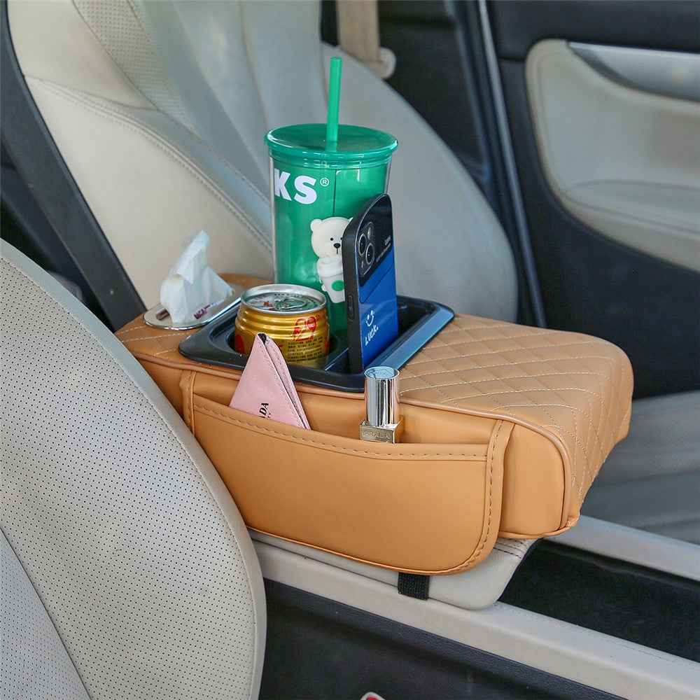 Universal Car Armrest Pad Storage Organizer PU Leather Tissue Box Central Cup Holder - Yellow