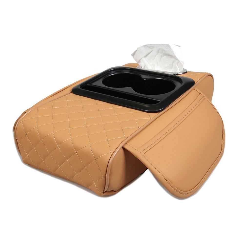 Universal Car Armrest Pad Storage Organizer PU Leather Tissue Box Central Cup Holder - Yellow