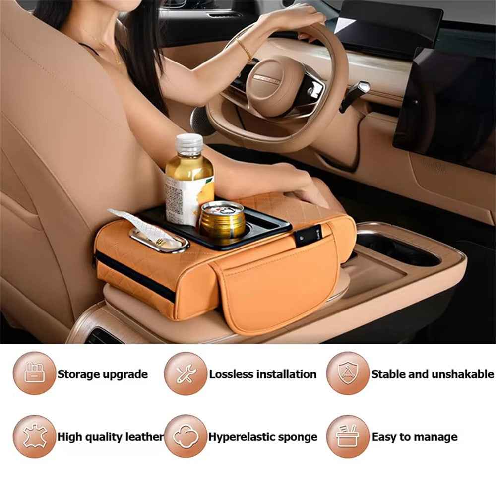 Universal Car Armrest Pad Storage Organizer PU Leather Tissue Box Central Cup Holder - Yellow