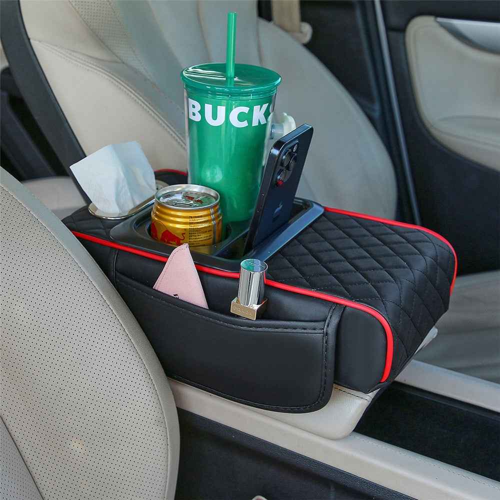 Universal Car Armrest Pad Storage Organizer PU Leather Tissue Box Central Cup Holder - Black  /  Red