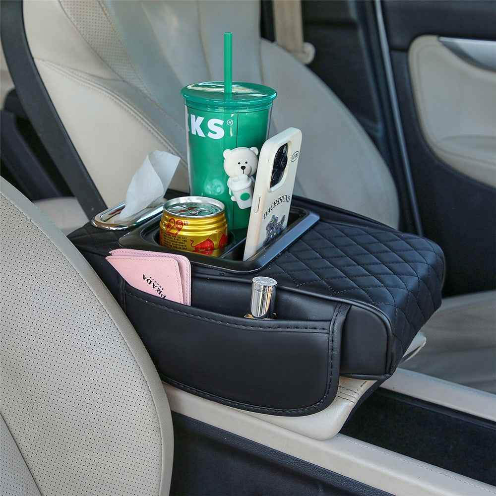 Universal Car Armrest Pad Storage Organizer PU Leather Tissue Box Central Cup Holder - Black