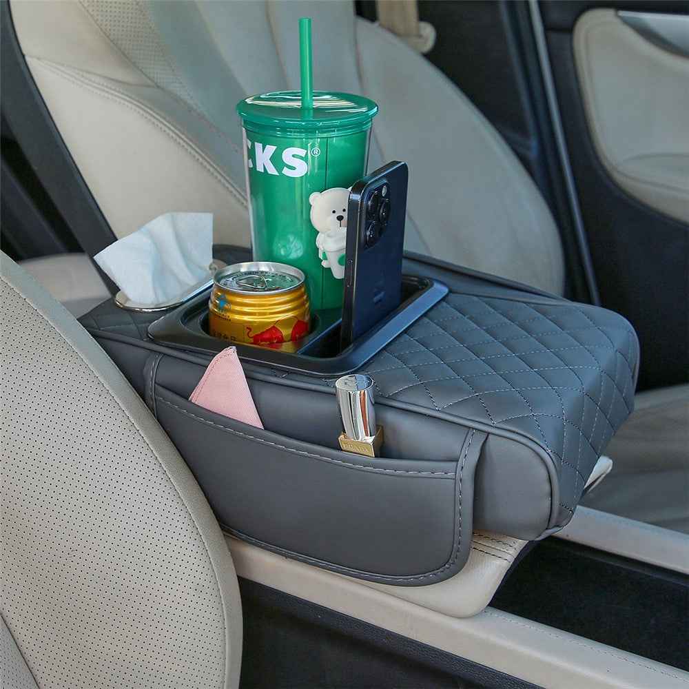Universal Car Armrest Pad Storage Organizer PU Leather Tissue Box Central Cup Holder - Grey