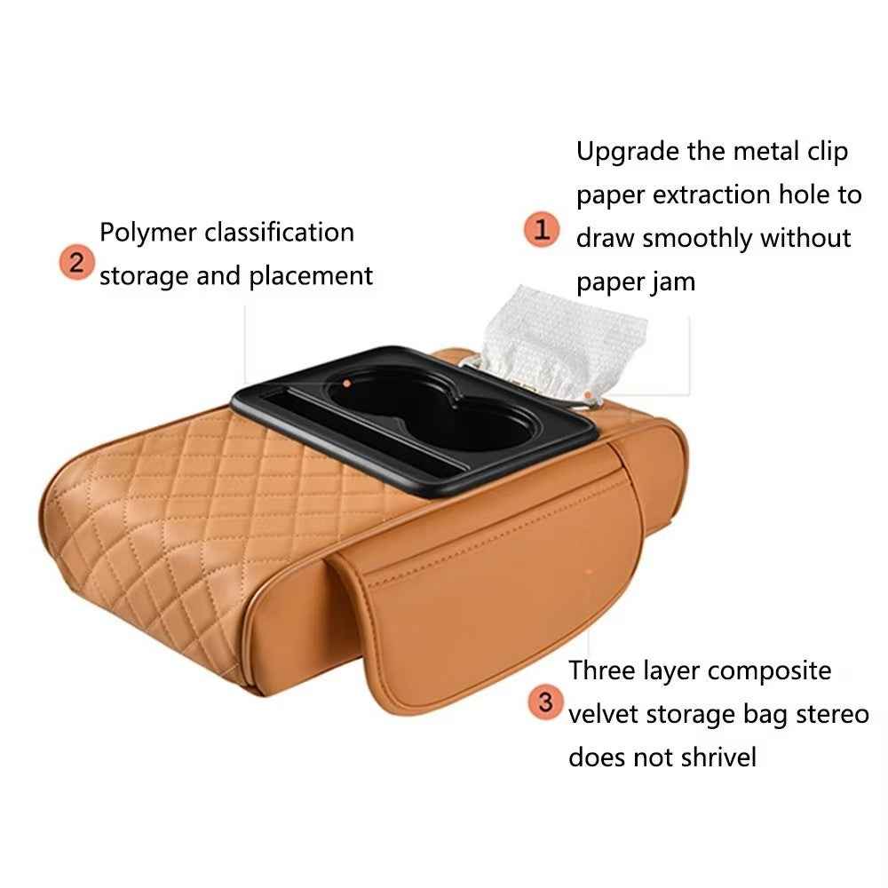 Universal Car Armrest Pad Storage Organizer PU Leather Tissue Box Central Cup Holder - Grey