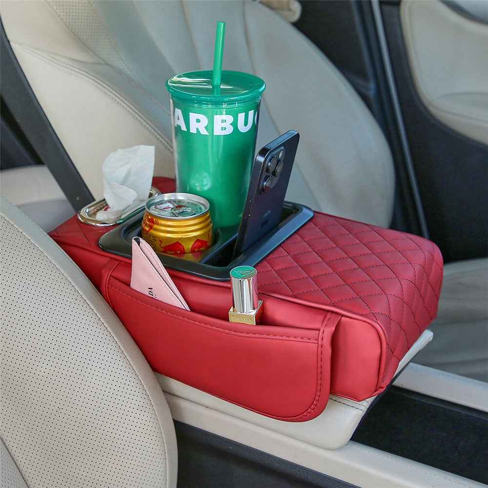 Universal Car Armrest Pad Storage Organizer PU Leather Tissue Box Central Cup Holder - Wine Red