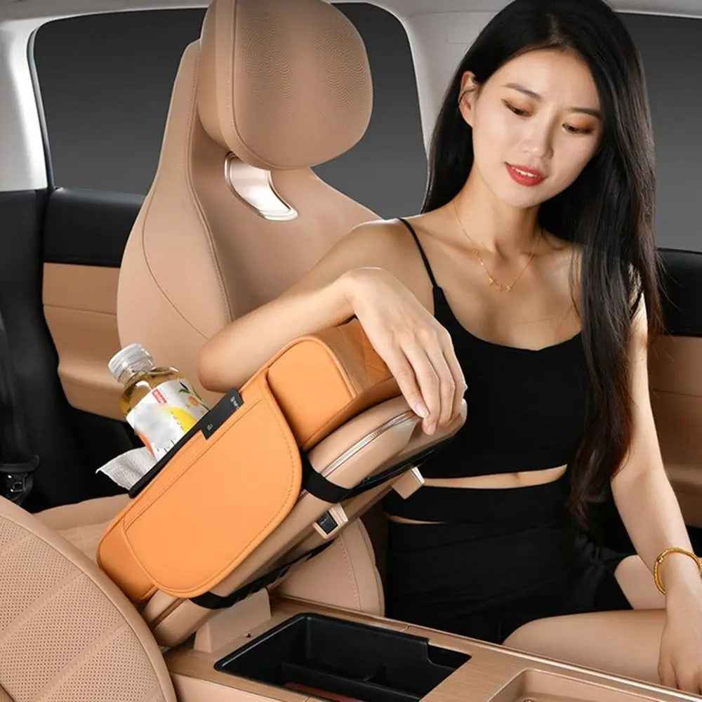 Universal Car Armrest Pad Storage Organizer PU Leather Tissue Box Central Cup Holder - Wine Red