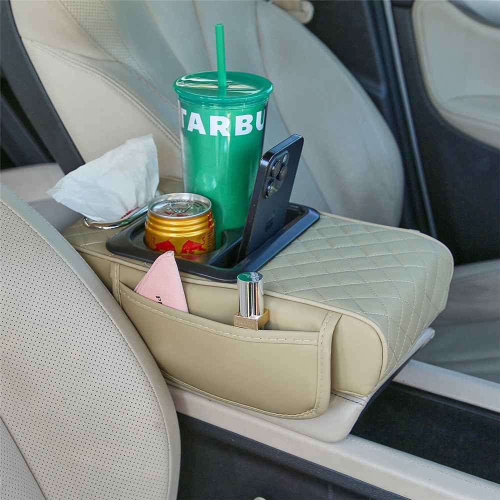 Universal Car Armrest Pad Storage Organizer PU Leather Tissue Box Central Cup Holder - Beige