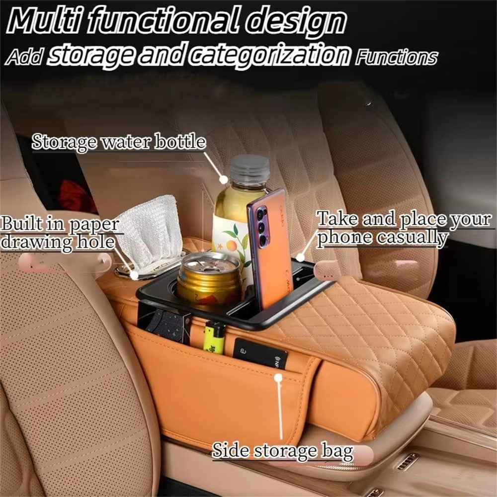 Universal Car Armrest Pad Storage Organizer PU Leather Tissue Box Central Cup Holder - Beige
