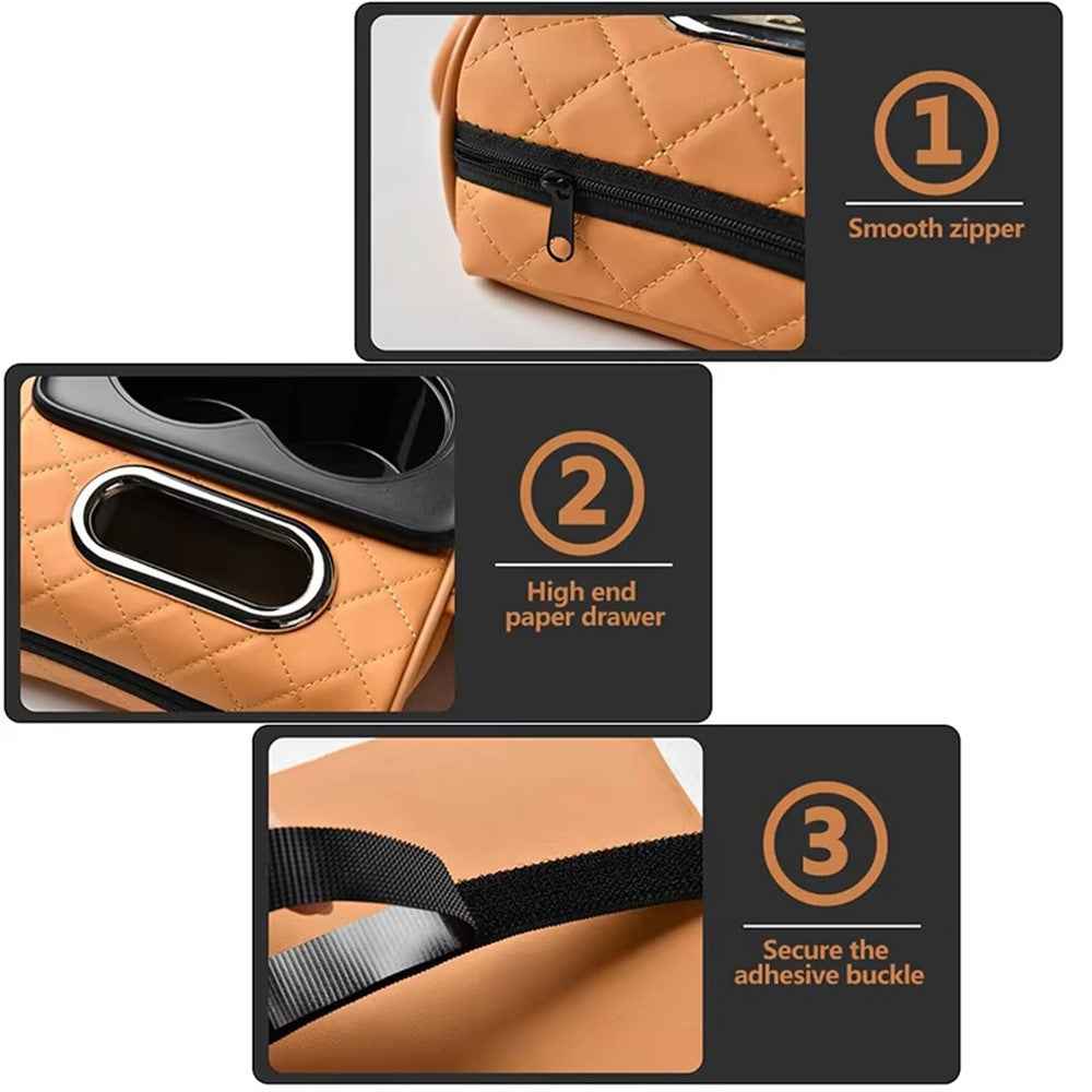 Universal Car Armrest Pad Storage Organizer PU Leather Tissue Box Central Cup Holder - Beige