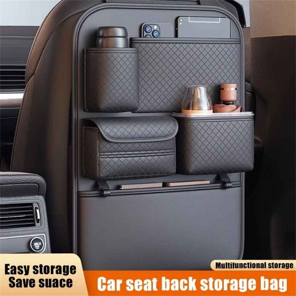 Car Seat Back Organizer Rhombus Texture PU Leather Multi-Pocket Storage Bag for Water Bottle  /  Umbrella Holder