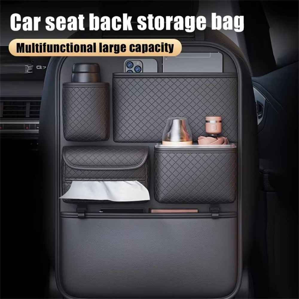Car Seat Back Organizer Rhombus Texture PU Leather Multi-Pocket Storage Bag for Water Bottle  /  Umbrella Holder