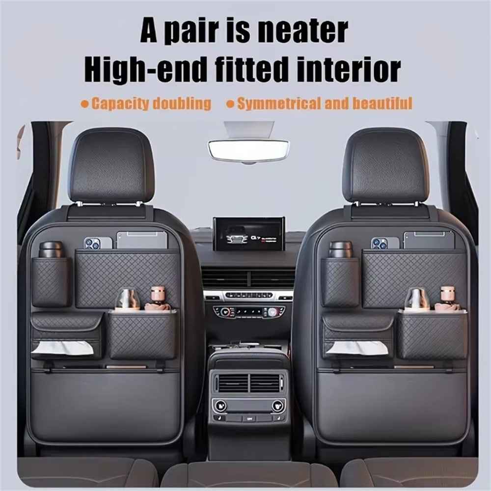 Car Seat Back Organizer Rhombus Texture PU Leather Multi-Pocket Storage Bag for Water Bottle  /  Umbrella Holder
