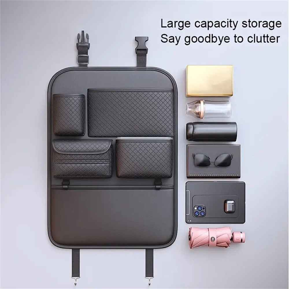 Car Seat Back Organizer Rhombus Texture PU Leather Multi-Pocket Storage Bag for Water Bottle  /  Umbrella Holder