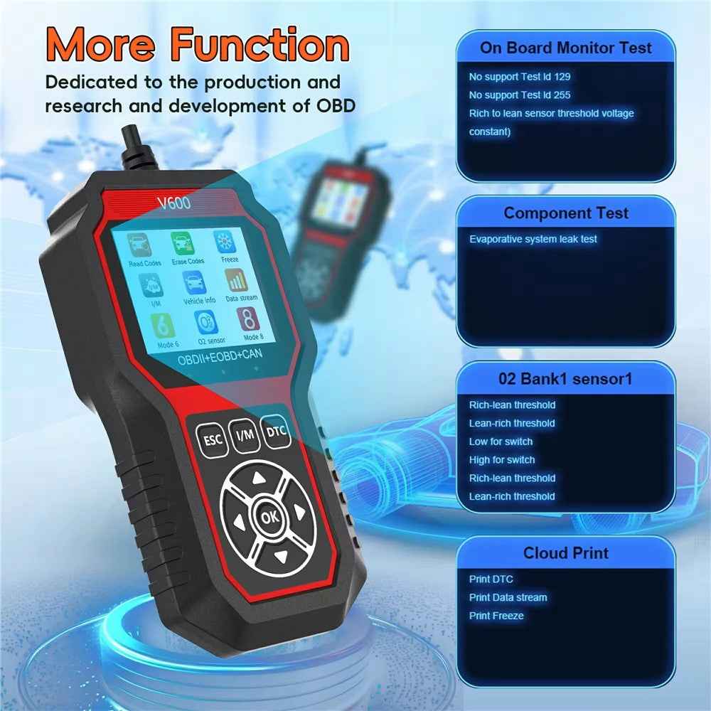 V600 OBD2 Car Diagnostic Scanner Battery Tester Engine Fault Code Reader Oxygen Sensor Diagnostic Tool
