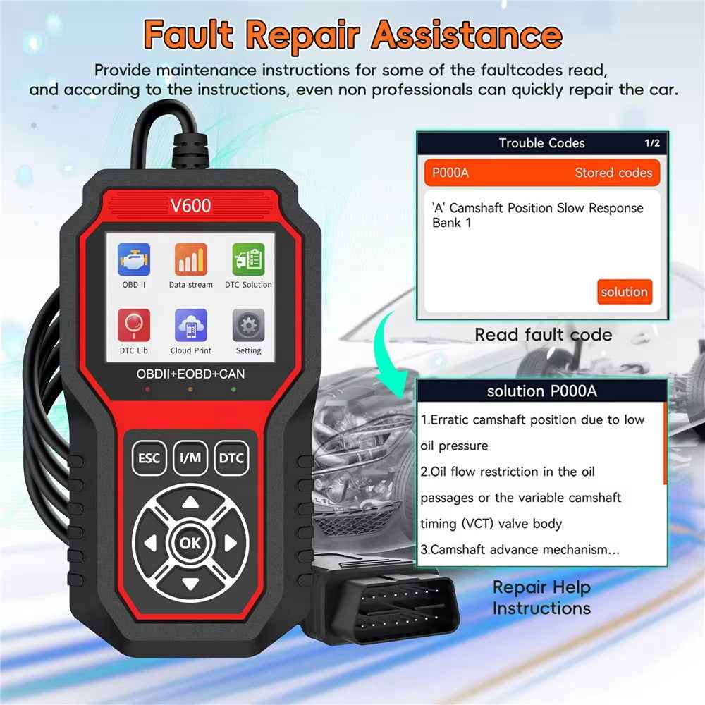 V600 OBD2 Car Diagnostic Scanner Battery Tester Engine Fault Code Reader Oxygen Sensor Diagnostic Tool
