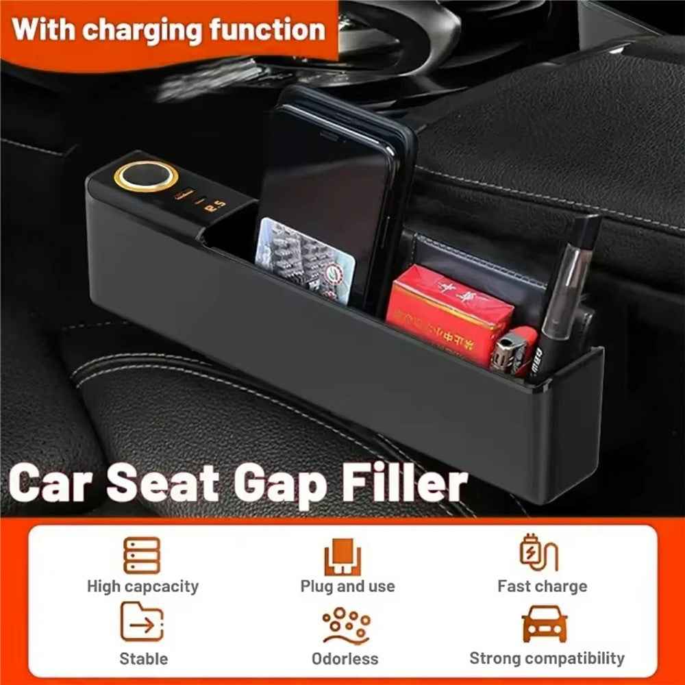 Car Seat Gap Filler Organizer with USB-A + USB-C Fast Charging Ports Multifunctional Storage Box - White
