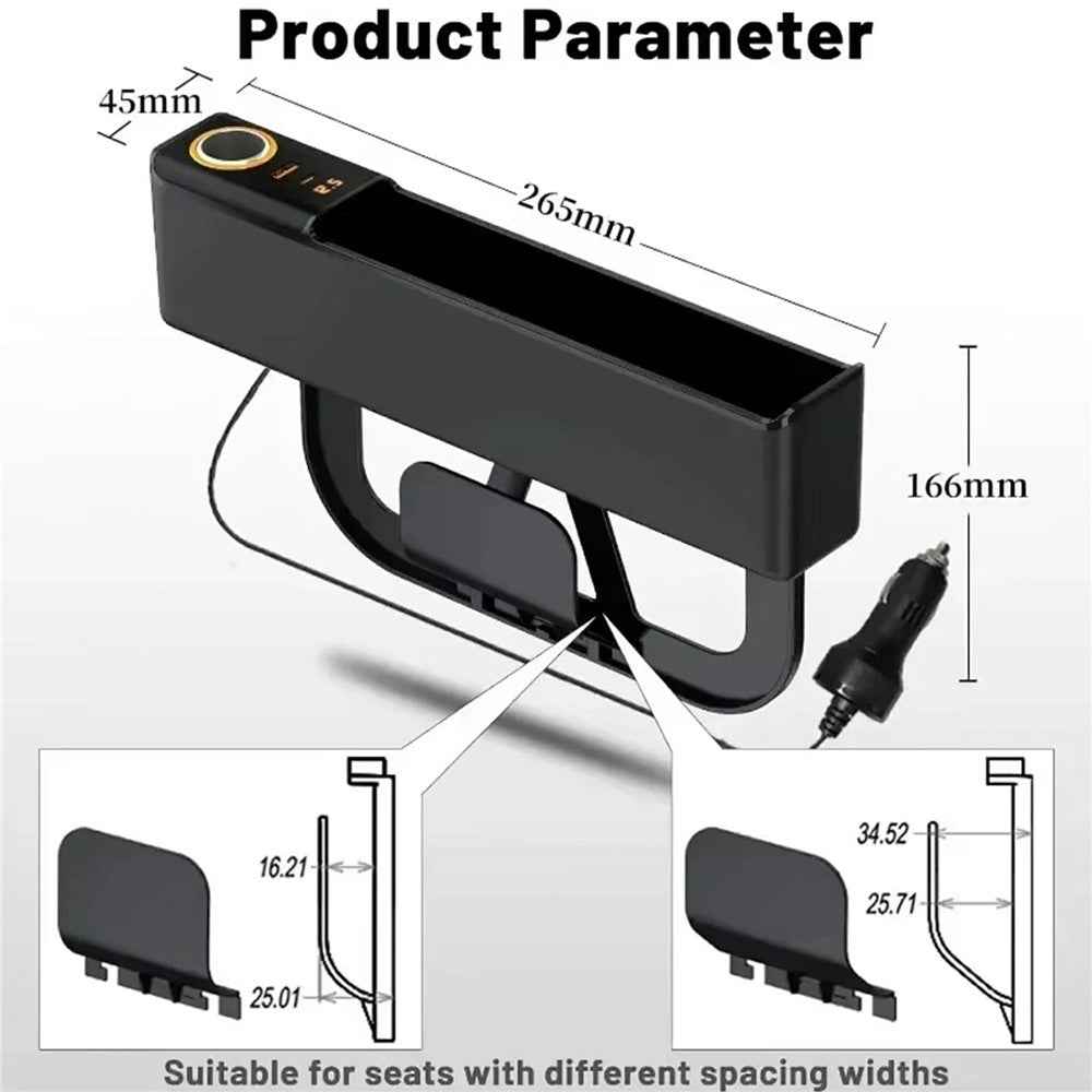 Car Seat Gap Filler Organizer with USB-A + USB-C Fast Charging Ports Multifunctional Storage Box - White