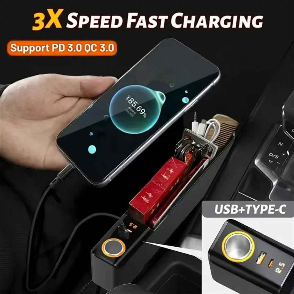 Car Seat Gap Filler Organizer with USB-A + USB-C Fast Charging Ports Multifunctional Storage Box - Orange