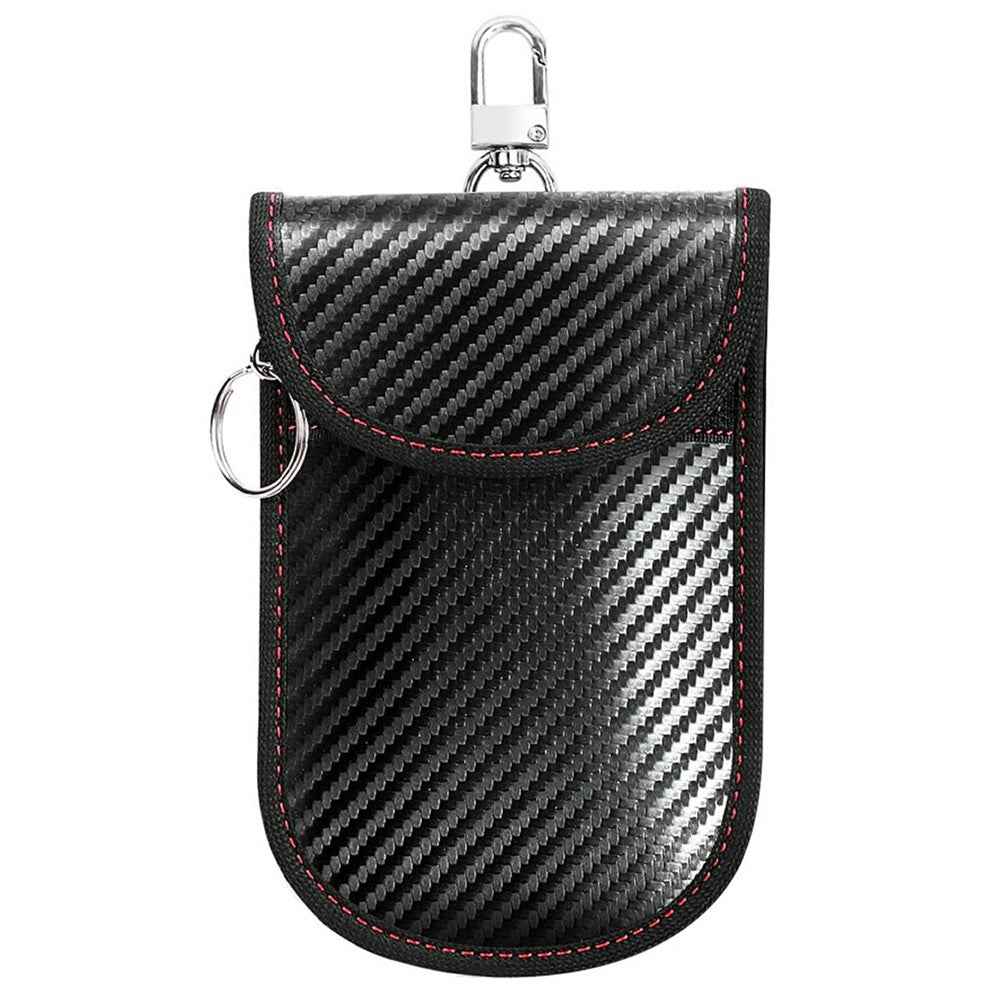 Anti Theft RFID Shielding Key Fob Protector Carbon Fiber Texture PU Leather Car Key Signal Blocking Pouch with Hook - Red Line