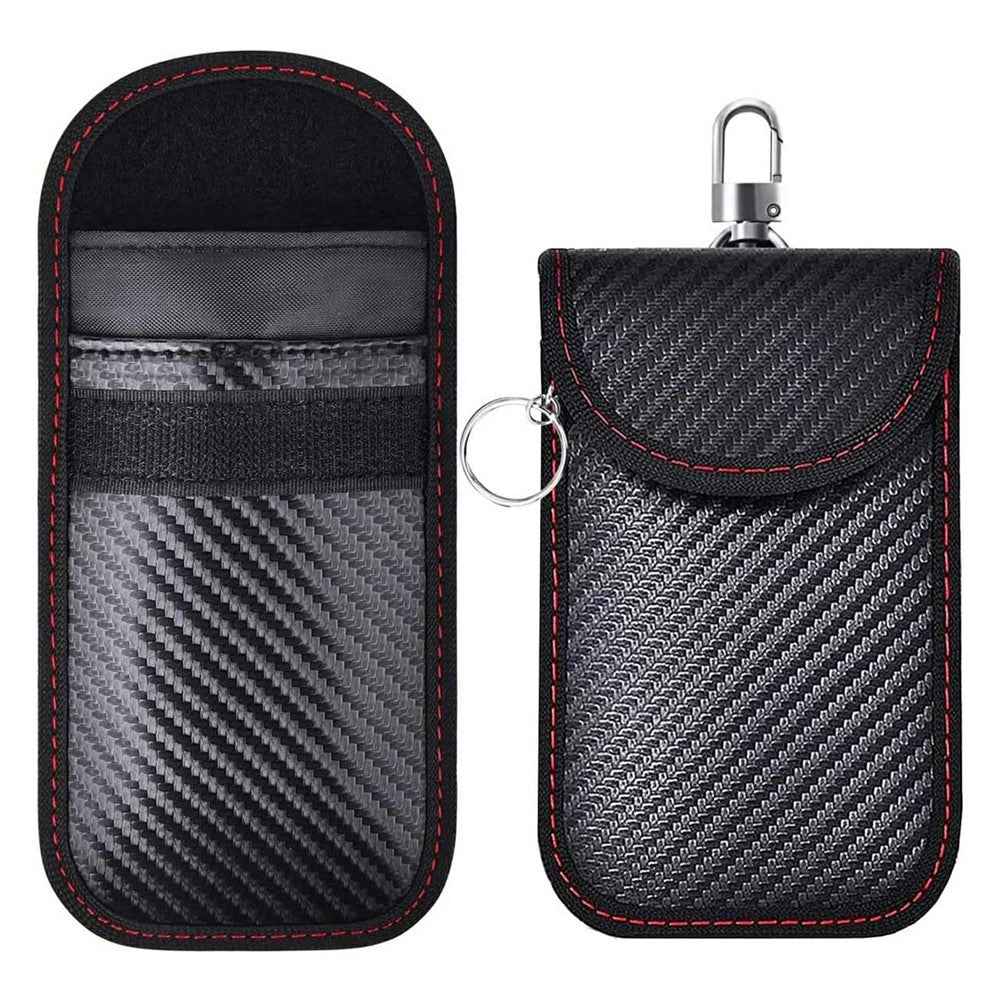 Anti Theft RFID Shielding Key Fob Protector Carbon Fiber Texture PU Leather Car Key Signal Blocking Pouch with Hook - Red Line