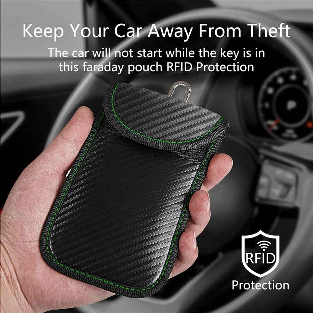 Anti Theft RFID Shielding Key Fob Protector Carbon Fiber Texture PU Leather Car Key Signal Blocking Pouch with Hook - Red Line