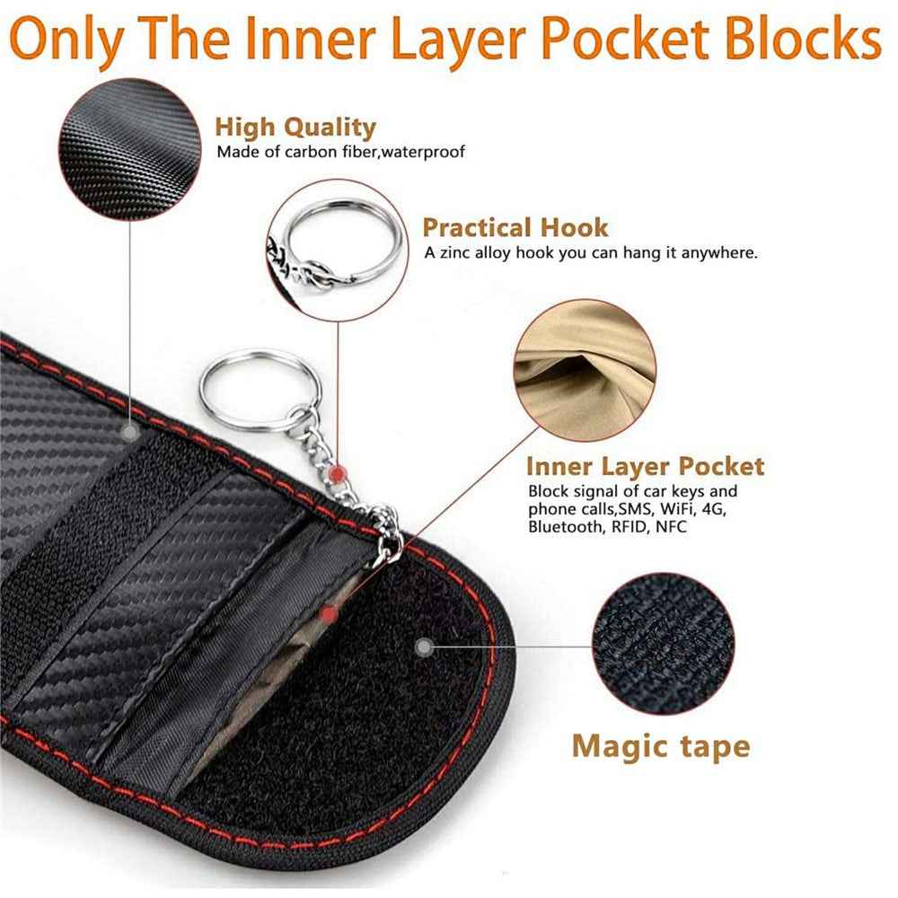 Anti Theft RFID Shielding Key Fob Protector Carbon Fiber Texture PU Leather Car Key Signal Blocking Pouch with Hook - Red Line