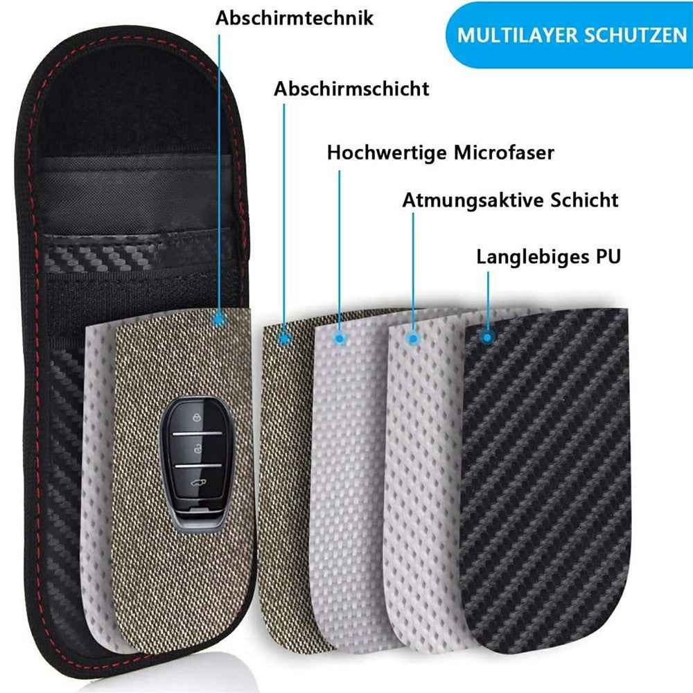 Anti Theft RFID Shielding Key Fob Protector Carbon Fiber Texture PU Leather Car Key Signal Blocking Pouch with Hook - Red Line