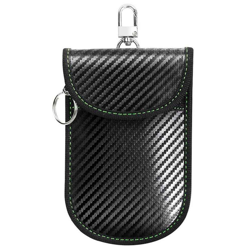 Anti Theft RFID Shielding Key Fob Protector Carbon Fiber Texture PU Leather Car Key Signal Blocking Pouch with Hook - Green Line