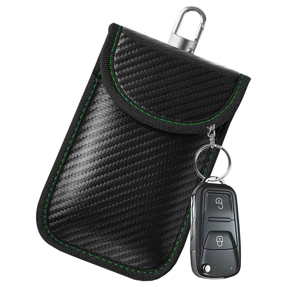 Anti Theft RFID Shielding Key Fob Protector Carbon Fiber Texture PU Leather Car Key Signal Blocking Pouch with Hook - Green Line