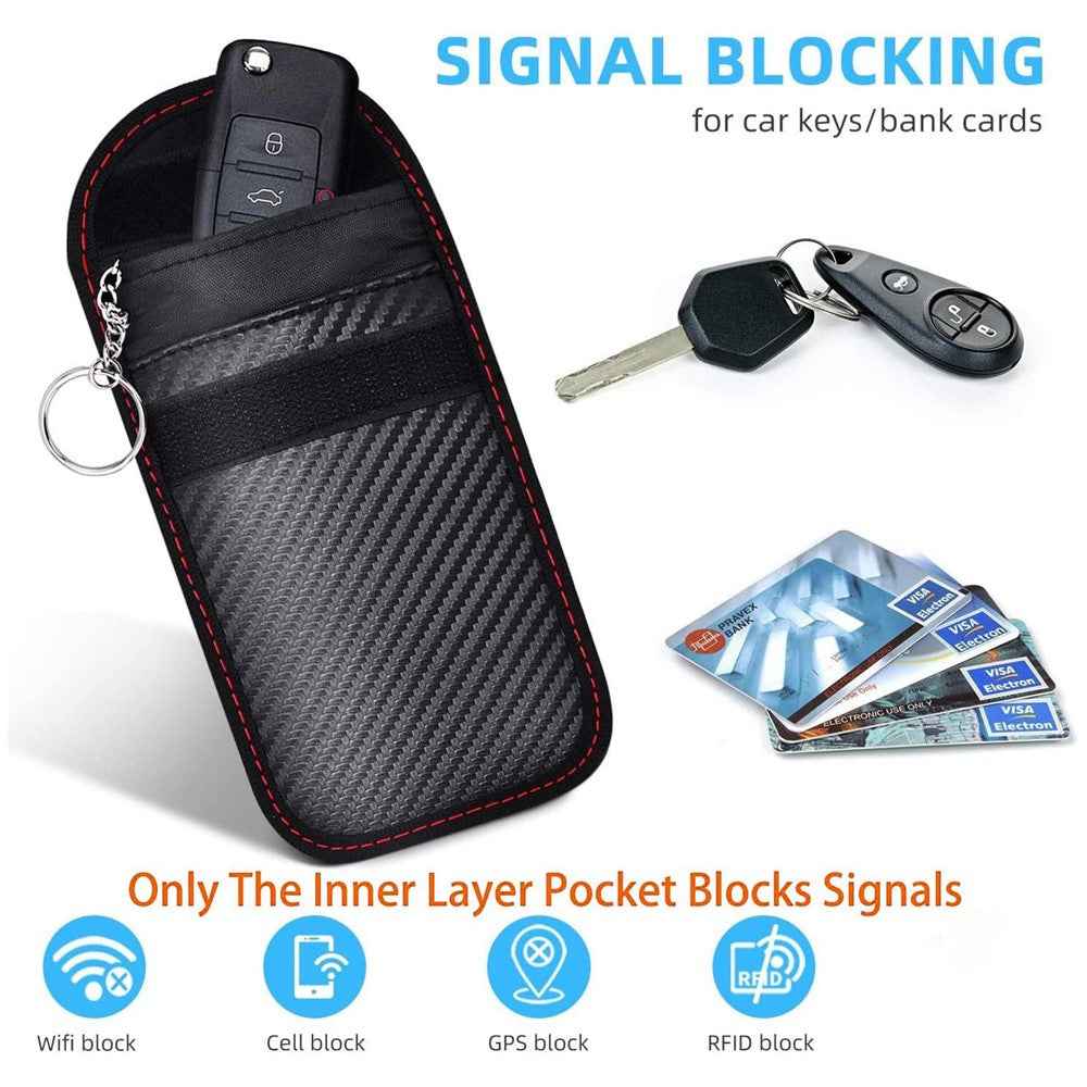 Anti Theft RFID Shielding Key Fob Protector Carbon Fiber Texture PU Leather Car Key Signal Blocking Pouch with Hook - Green Line