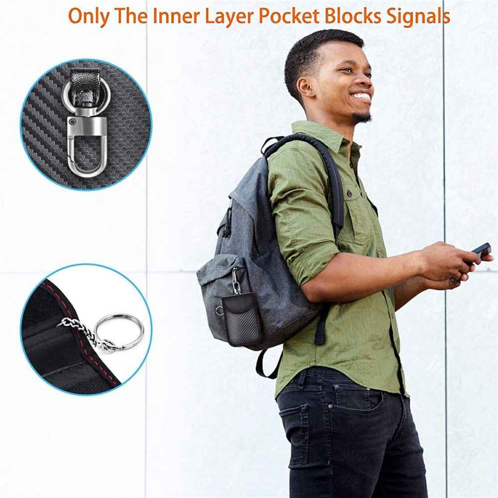 Anti Theft RFID Shielding Key Fob Protector Carbon Fiber Texture PU Leather Car Key Signal Blocking Pouch with Hook - Green Line