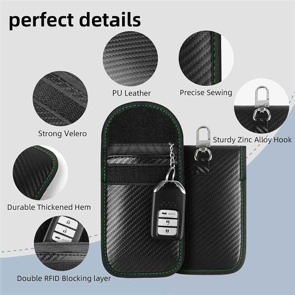 Anti Theft RFID Shielding Key Fob Protector Carbon Fiber Texture PU Leather Car Key Signal Blocking Pouch with Hook - Green Line