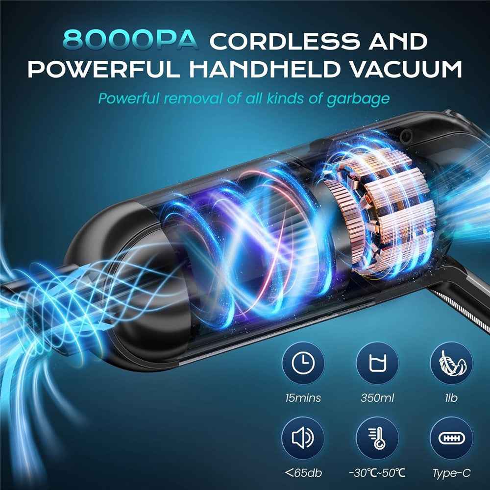 Handheld Car Vacuum Cleaner 8kPa Powerful Suction Low Noise Cordless Dust Blower with LED Light - White