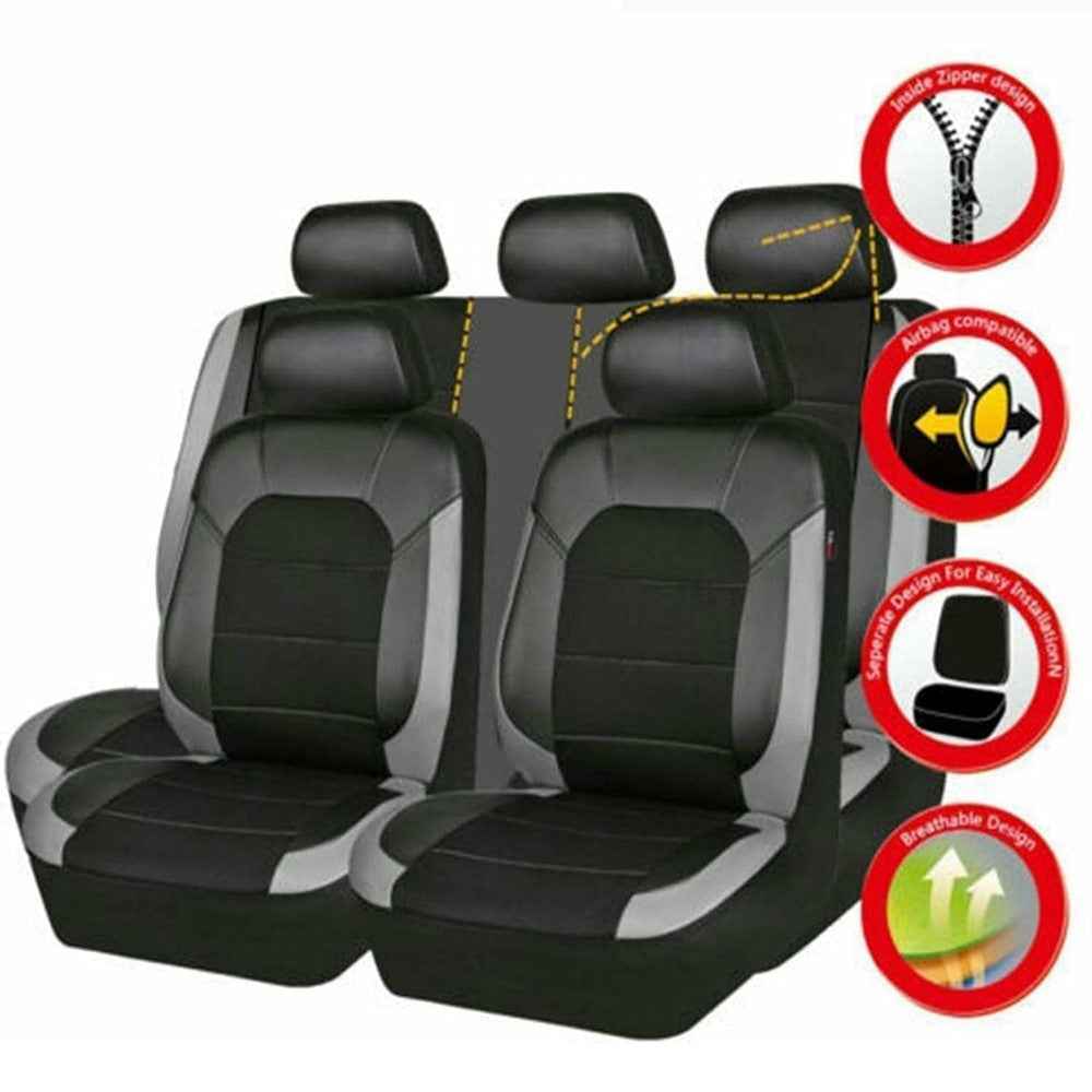9Pcs Car Seat Covers Full Set Automotive Front Back Seat Bench Protectors - Black
