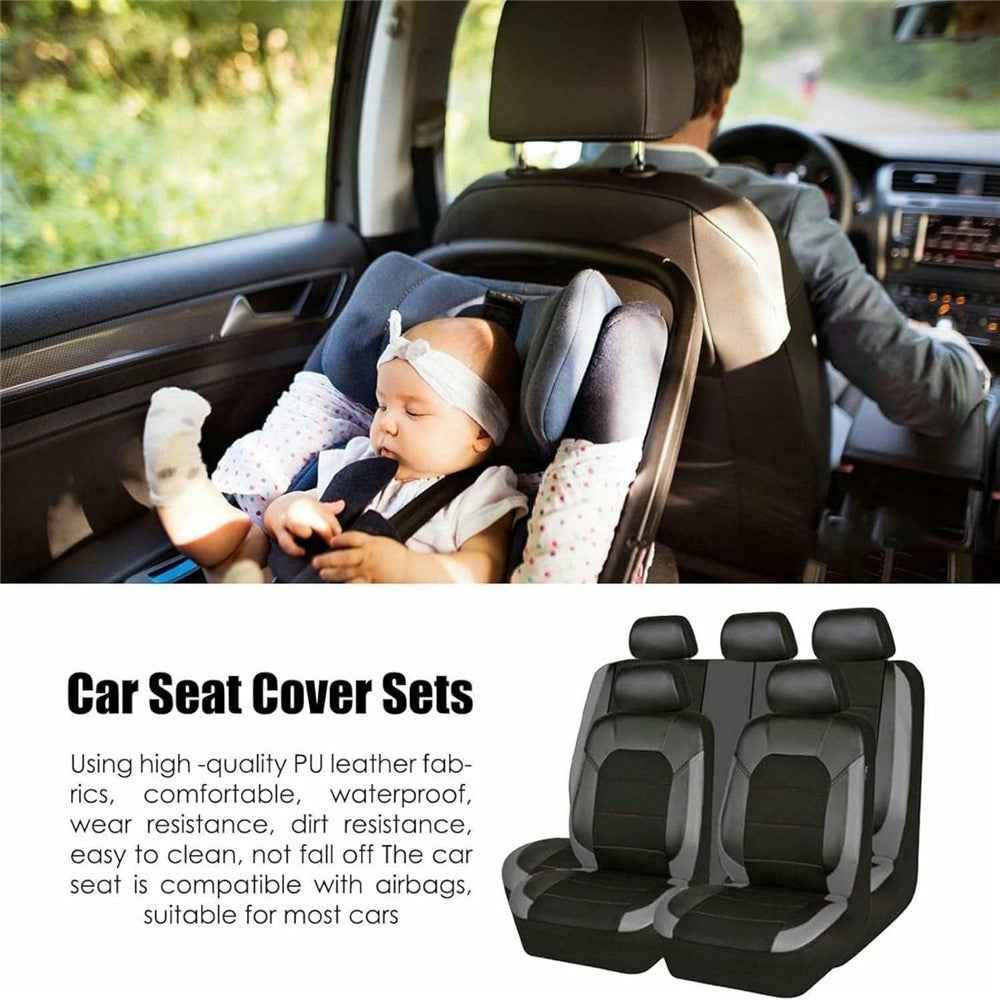 9Pcs Car Seat Covers Full Set Automotive Front Back Seat Bench Protectors - Black
