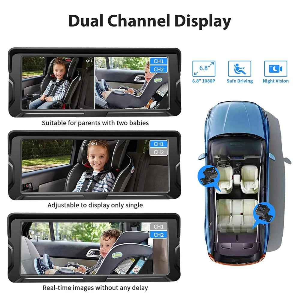 6.8 Inch Car Baby Monitor 360 Degree Rotation Dual Camera 8 LEDs Full Color HD Infrared Night Vision Cam