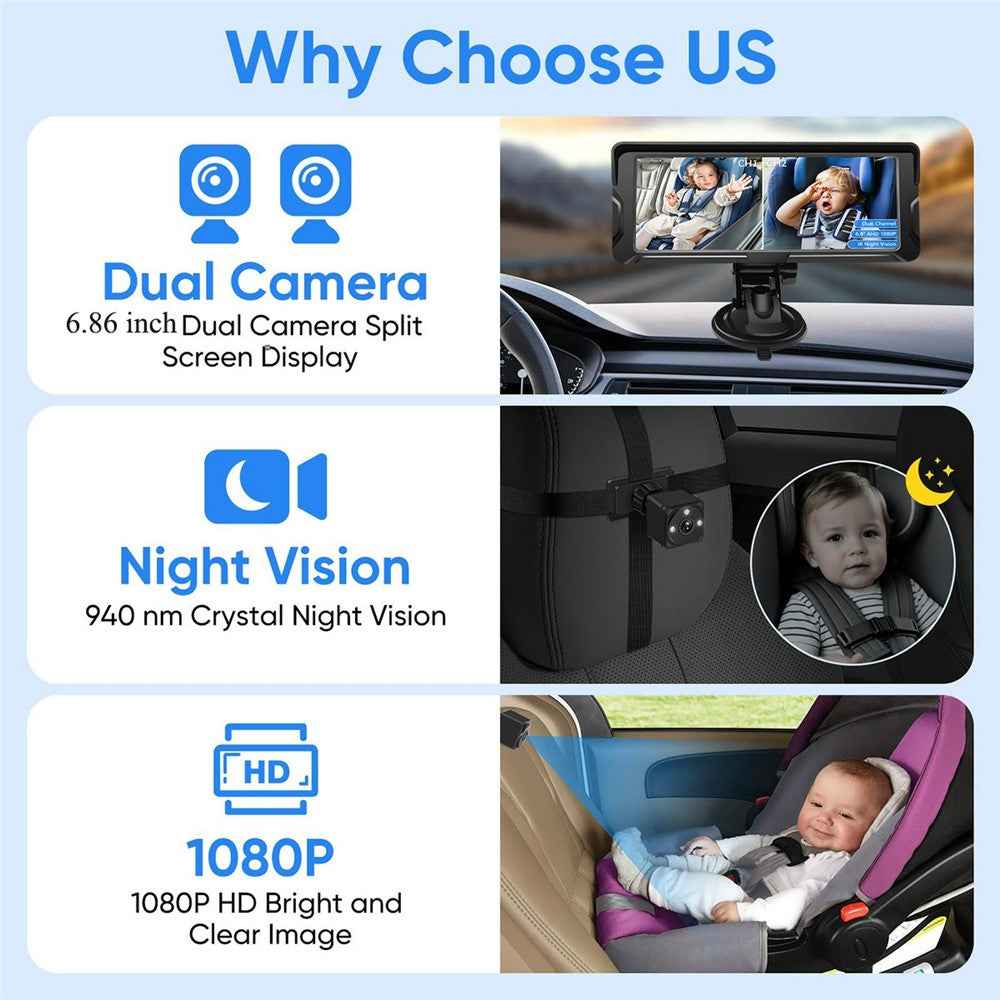 6.8 Inch Car Baby Monitor 360 Degree Rotation Dual Camera 8 LEDs Full Color HD Infrared Night Vision Cam