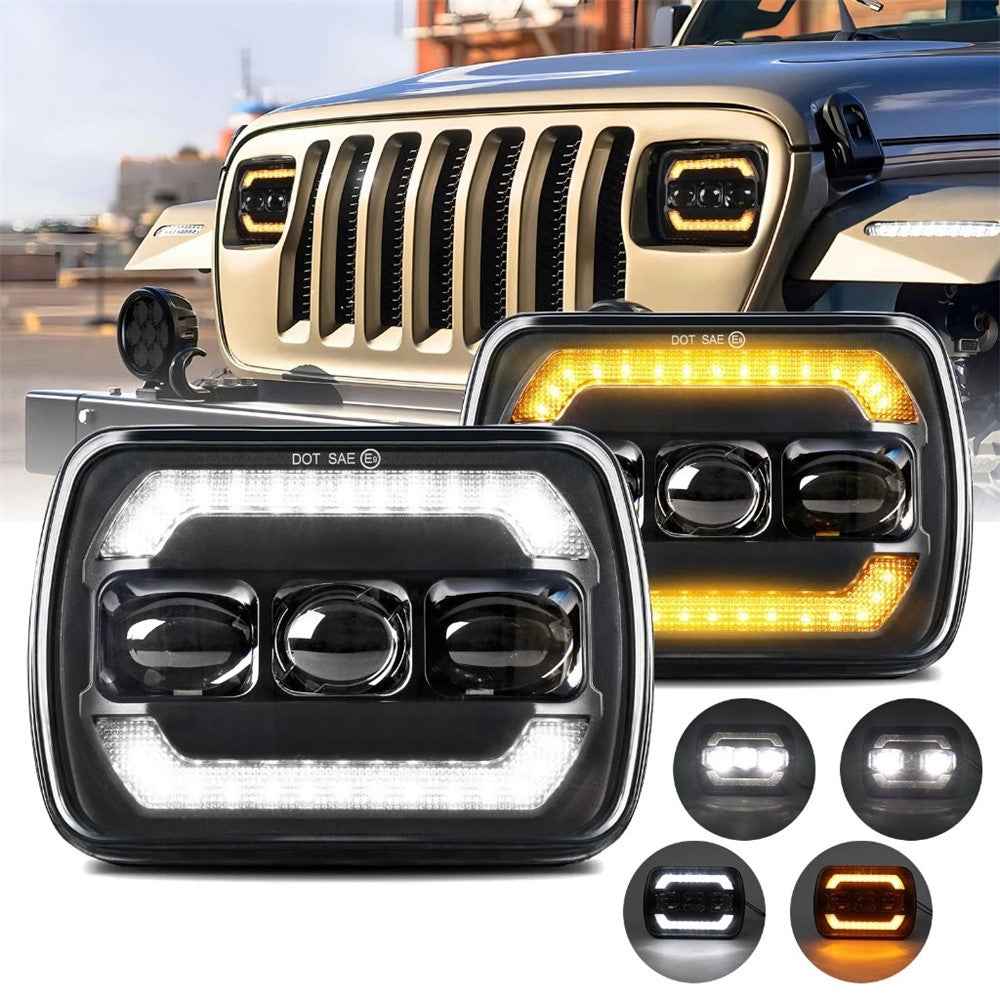 7 Inch Square LED Headlight Assembly Upgrade for Wrangler DRL Integrated Headlamp