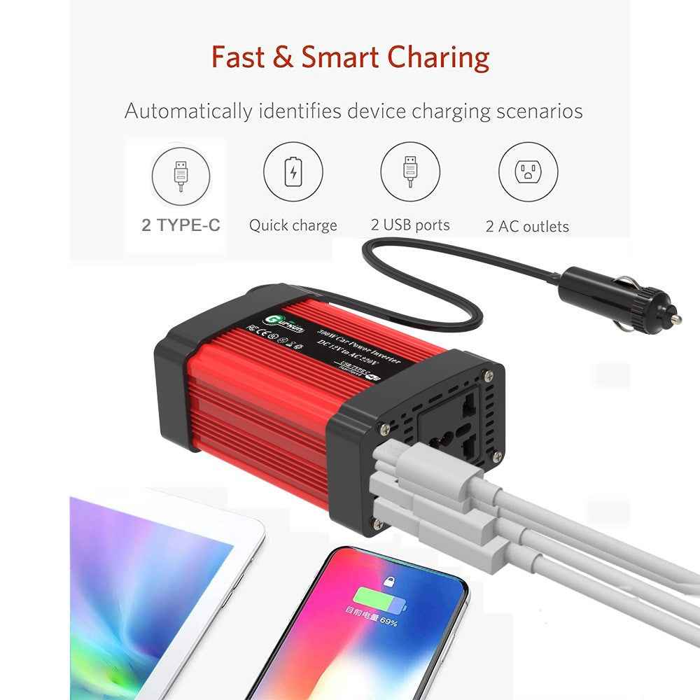 300W Car Power Inverter 12V to 220V Voltage Converter Portable Charger for Phone / Speaker / Camera, European Standard