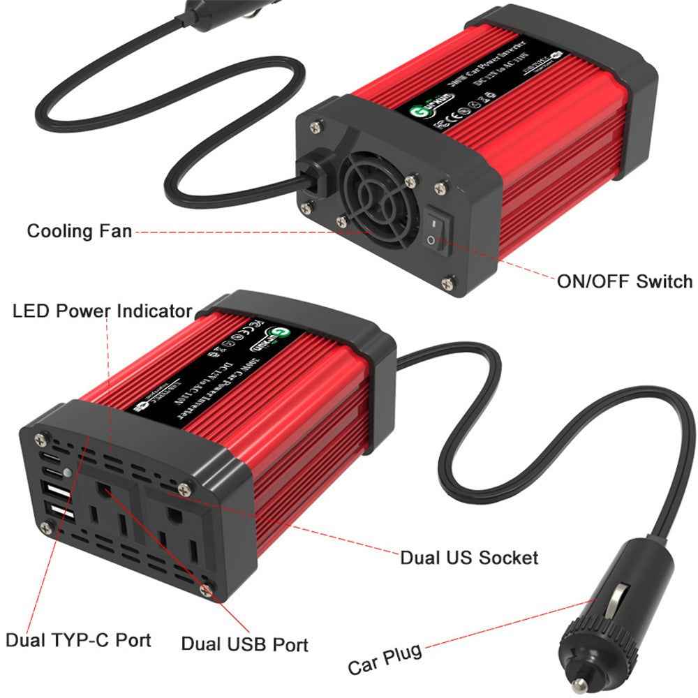 300W Car Power Inverter 12V to 220V Voltage Converter Portable Charger for Phone / Speaker / Camera, European Standard