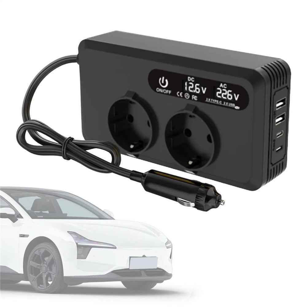 200W 12V DC to 220V AC Car Power Inverter with USB and Type-C Ports European Standard Socket Converter