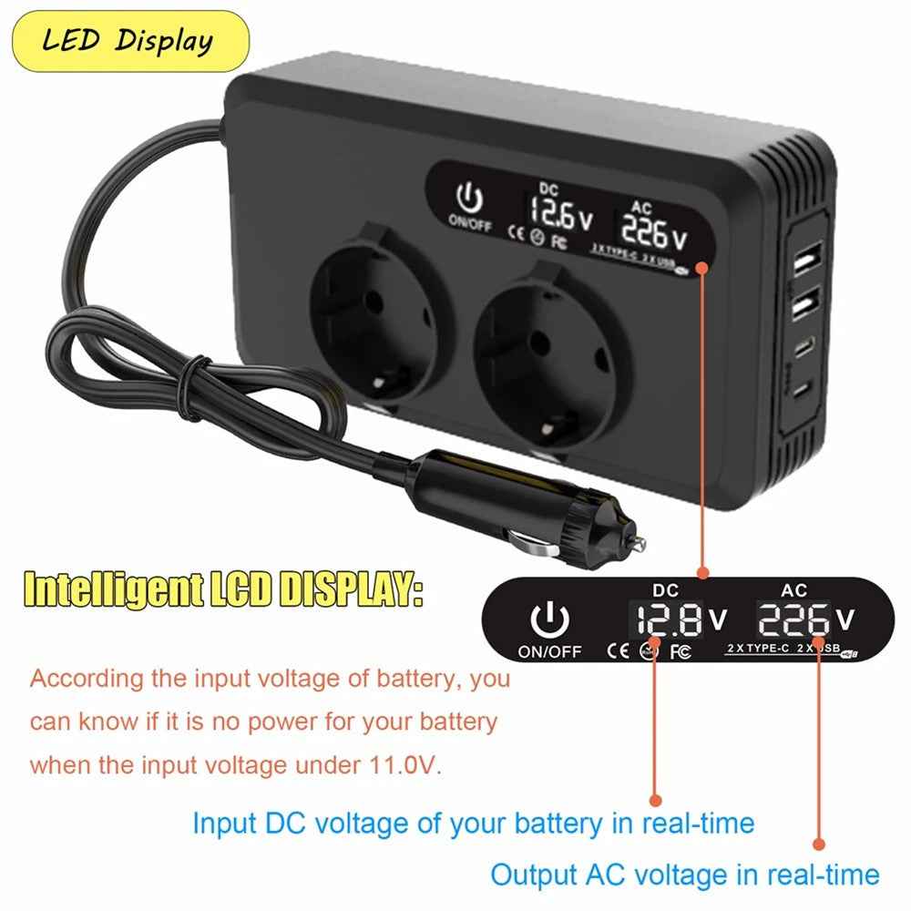 200W 12V DC to 220V AC Car Power Inverter with USB and Type-C Ports European Standard Socket Converter