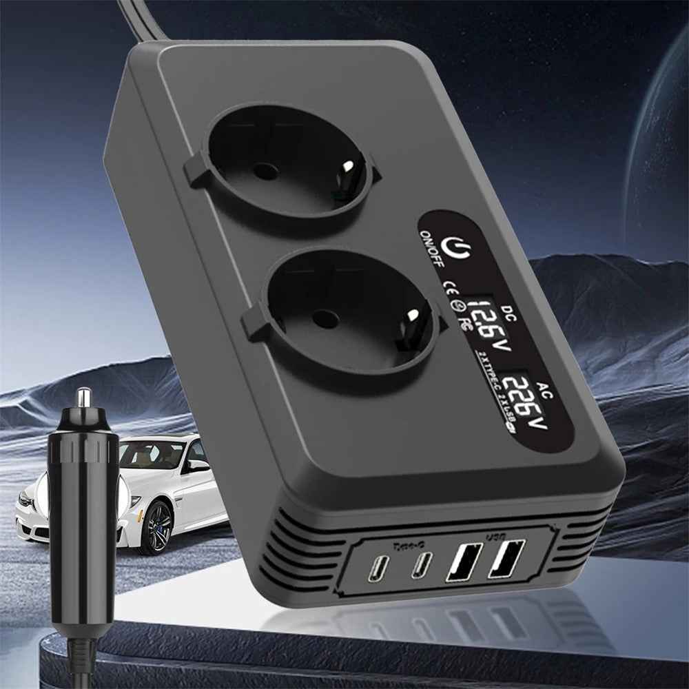200W 12V DC to 220V AC Car Power Inverter with USB and Type-C Ports European Standard Socket Converter