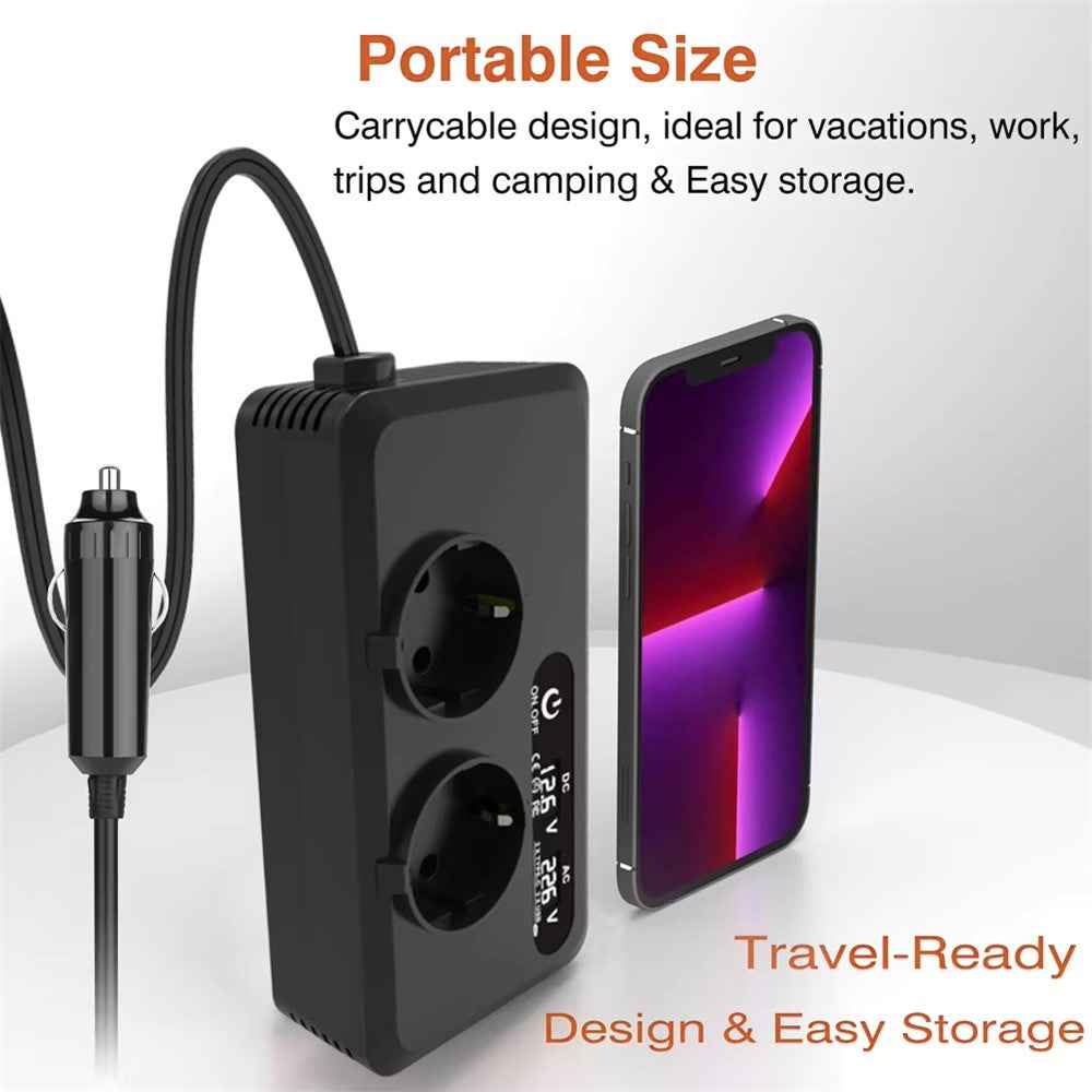 200W 12V DC to 220V AC Car Power Inverter with USB and Type-C Ports European Standard Socket Converter