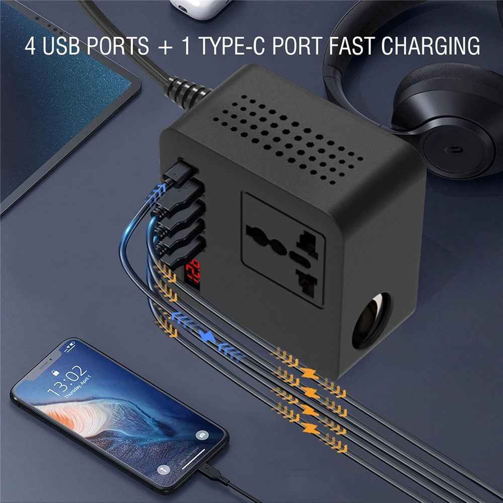Digital Display Car Power Inverter DC 12V / 24V to AC 110V / 220V Multifunction Converter Charger with USB C + USB A + AC Outlet