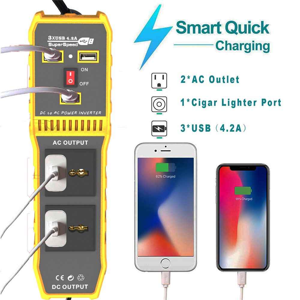 12V DC to 220V AC 400W Car Power Inverter Portable 3 USB Ports + 2 AC Outlets Converter