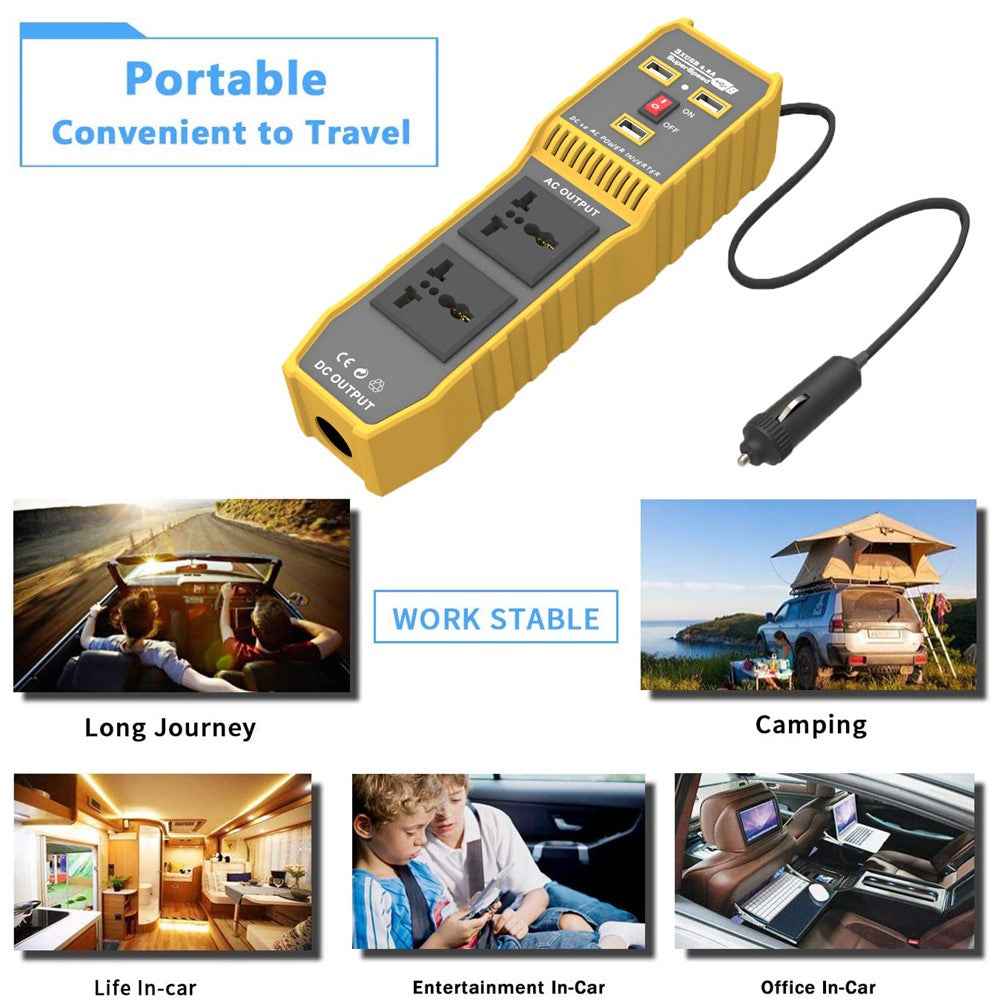 12V DC to 220V AC 400W Car Power Inverter Portable 3 USB Ports + 2 AC Outlets Converter